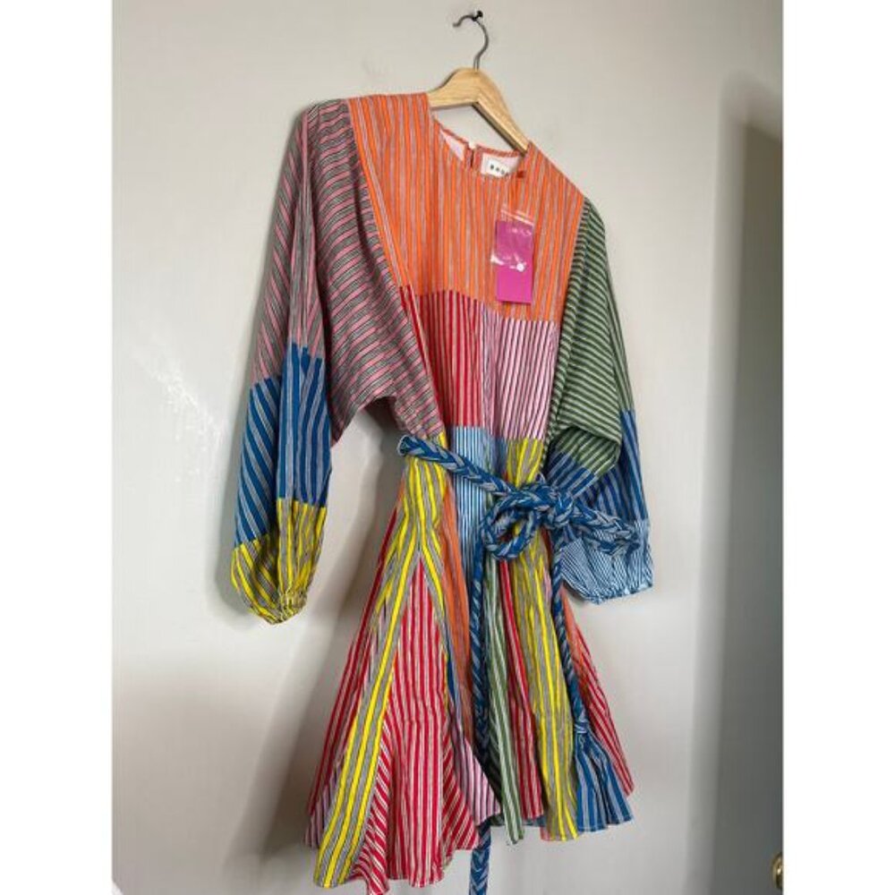 NWT Rhode Ella Long Dolman Sleeve Stripe Patchwork Mini Dress Multi Color Sz: XS - Picture 4 of 9